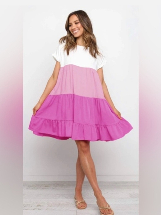 C+D+M Dresses & Skirts - Tiered Hot Pink ColorBlock Baby Doll Dress